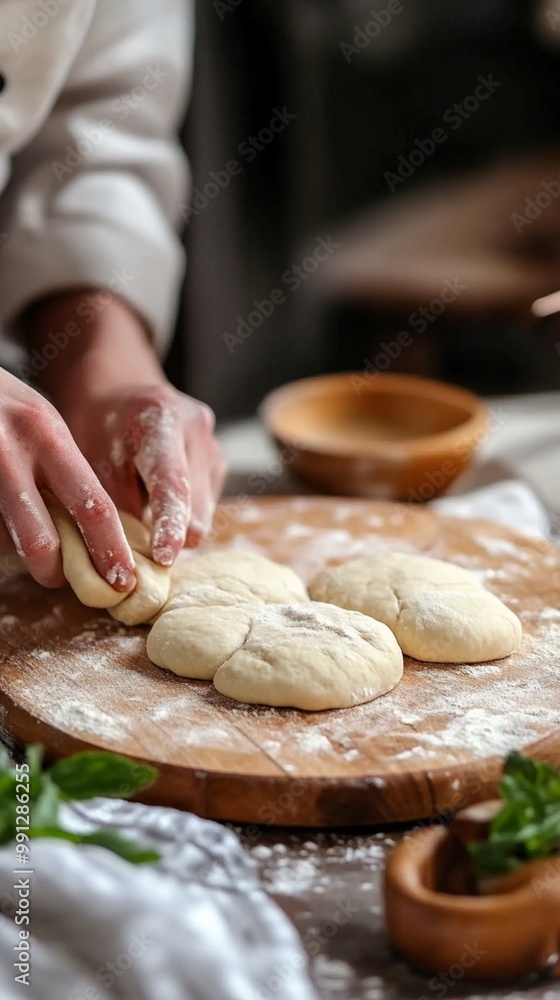 Hands kneading fresh dough on a rustic wooden board, surrounded by flour and herbs. Homemade baking process captured in warm, inviting light. Hands kneading fresh dough on a rustic wooden board, surrounded by flour and herbs. Homemade baking process captured in warm, inviting light.