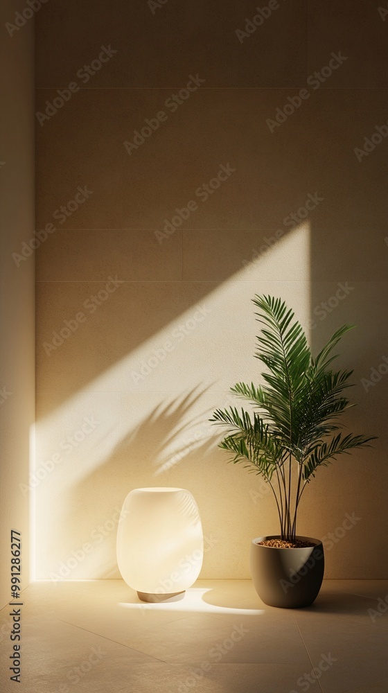 Serene corner illuminated by soft light: potted palm plant casts intricate shadows on beige wall, accompanied by glowing spherical lamp, creating zen ambiance. Serene corner illuminated by soft light: potted palm plant casts intricate shadows on beige wall, accompanied by glowing spherical lamp, creating zen ambiance.