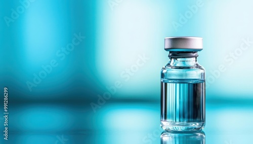 Clear vaccine vial on a reflective surface with a blurred blue background.