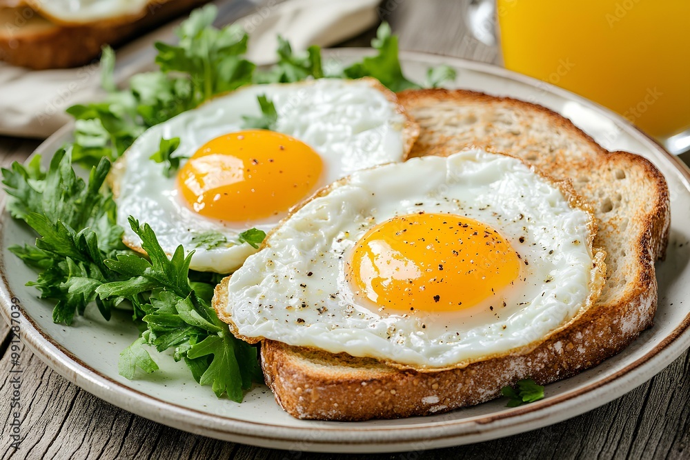 Golden Fried Eggs on Toast with Fresh Greens and Orange Juice Golden Fried Eggs on Toast with Fresh Greens and Orange Juice