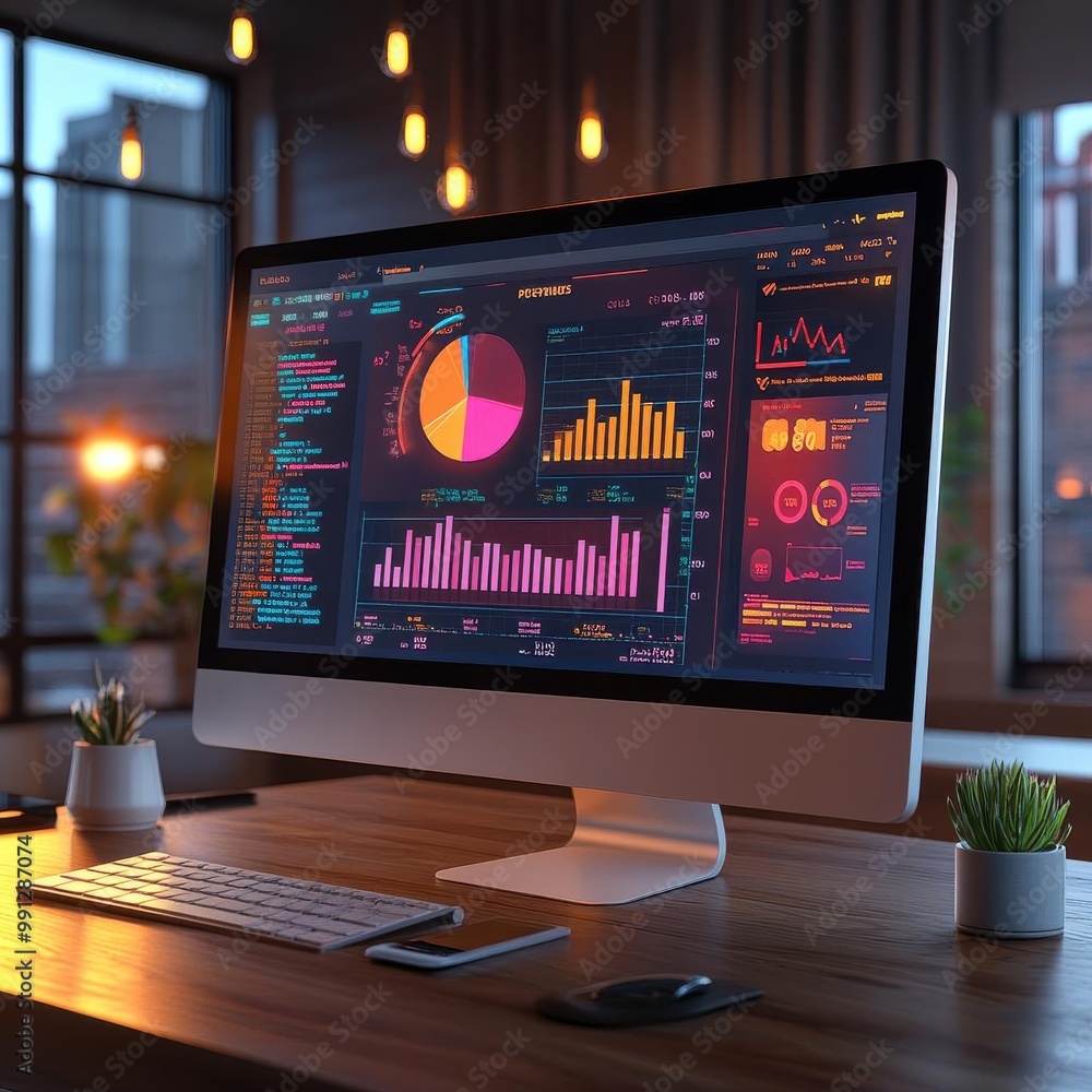 Computer screen with retargeting ad performance, data charts and metrics, 3D illustration Computer screen with retargeting ad performance, data charts and metrics, 3D illustration