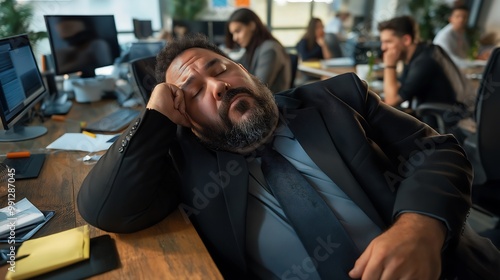 An overweight man wearing a business suit, sitting at a desk in front of a computer with a bored expression. He should be slouched in his chair, resting his hand on his chin.