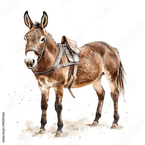 Watercolor Illustration of a Brown Donkey with Saddle. photo