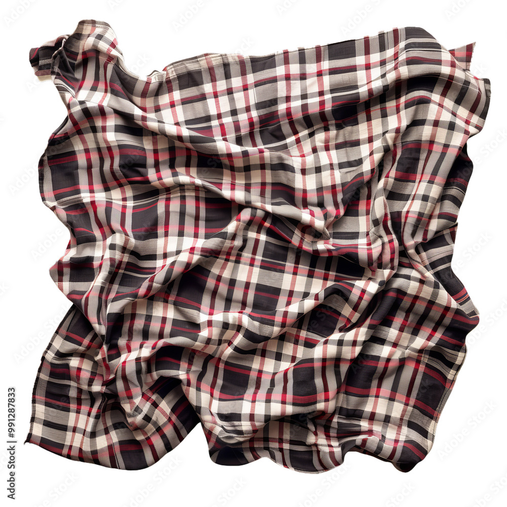 Red, white, and black plaid fabric folded and laying flat isolated on a white background Red, white, and black plaid fabric folded and laying flat isolated on a white background