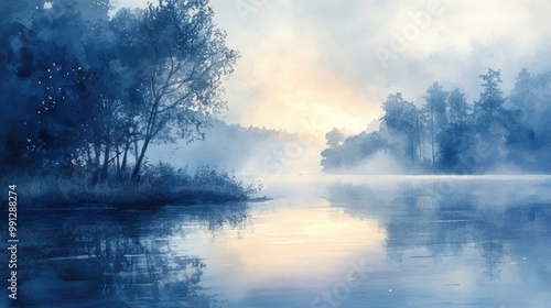 Serene watercolor landscape featuring misty water, trees, and a soft dawn light reflecting on the surface.