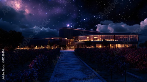 Abstract 2D winery under the stars, a modern winery with glowing lights, cool night tones, hyper-real, sharp images