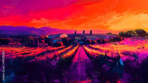 Abstract 2D winery scene at sunset, vibrant oranges and purples, hyper-real, sharp images