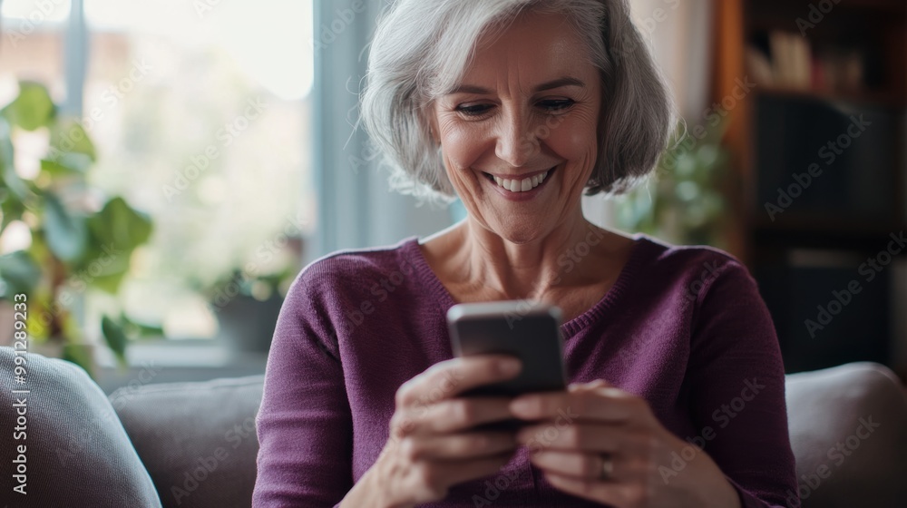 Happy senior woman using smartphone at home Happy senior woman using smartphone at home