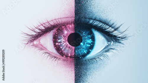 gradient glass pink somon and dark black blue realistic medical detailed eye artificial intelligence cyber. photo