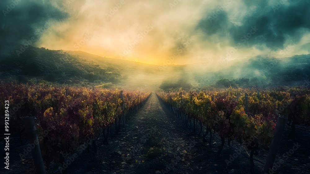 Fototapeta premium 2D abstract winery on a cloudy day, deep cool tones and moody atmosphere, hyper-real, sharp images