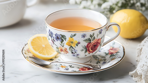 Teacup with Delicate Floral Designs on a Saucer