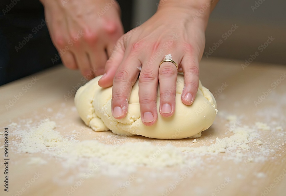 Kneading Soft Bread Dough on a Wooden Table Kneading Soft Bread Dough on a Wooden Table