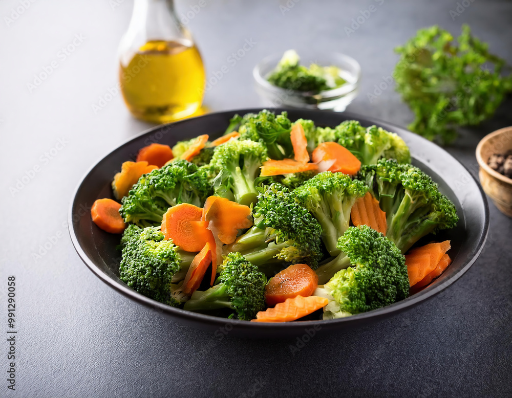 Salad bowl with broccoli and carrots on a grey background, horizontal Salad bowl with broccoli and carrots on a grey background, horizontal