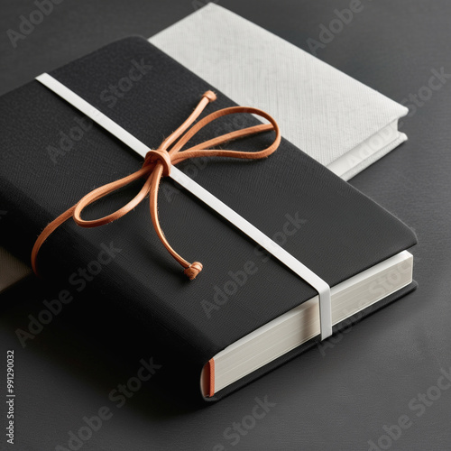 black notebook with a ribbon on black table