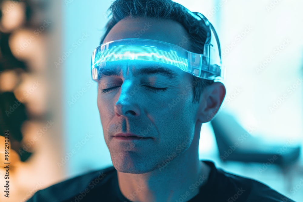 Man with closed eyes experiencing brainwave stimulation wearing a futuristic headset Man with closed eyes experiencing brainwave stimulation wearing a futuristic headset