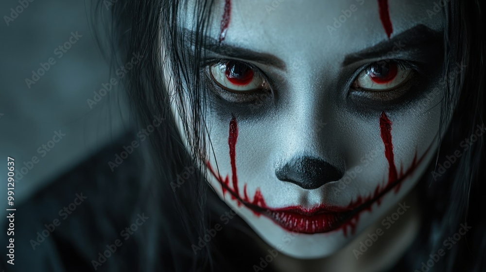 Close up of face asian woman with horror ghost makeup background wallpaper AI generated image Close up of face asian woman with horror ghost makeup background wallpaper AI generated image