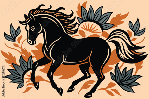 majestic horse prancing amid floral elements E.eps