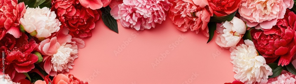 Fototapeta premium Colorful peonies in a circular arrangement on a pink background.