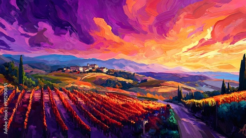 Abstract 2D winery with sweeping views of rolling vineyards, sunset casting vibrant colors, high-quality, sharp images