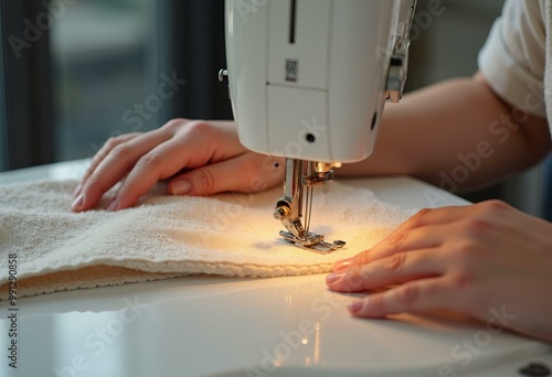 Sewing Fabric on a White Sewing Machine photo