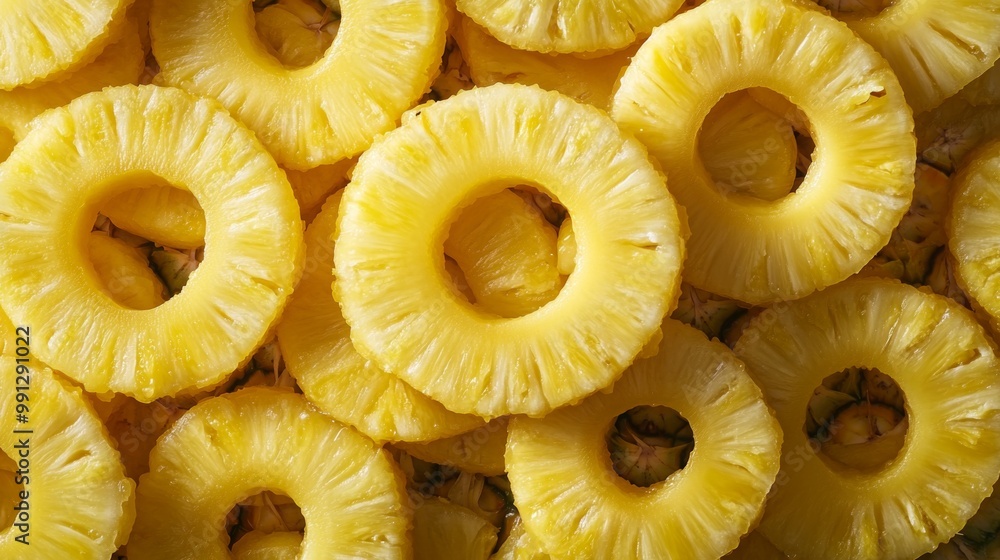 Closeup of neatly arranged pineapple rings, filling the frame with bright yellow and circular patterns Closeup of neatly arranged pineapple rings, filling the frame with bright yellow and circular patterns