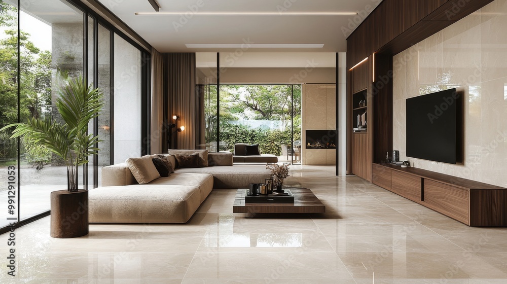 Modern Living Room with Beige Ceramic Tiles, Sliding Doors, and Wooden Cabinets Modern Living Room with Beige Ceramic Tiles, Sliding Doors, and Wooden Cabinets