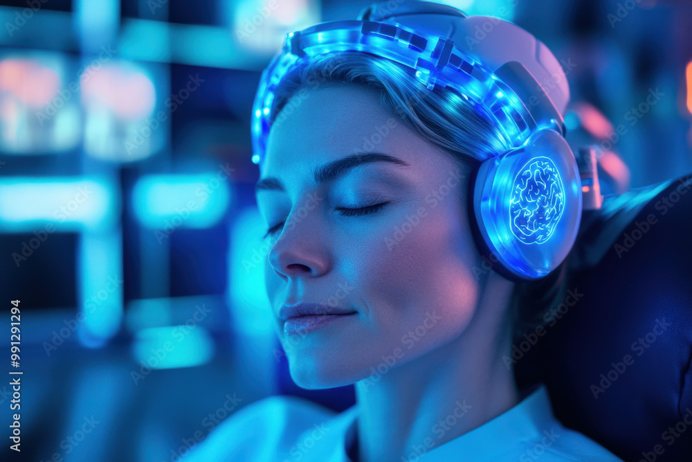 Woman experiencing brainwave analysis in a laboratory, wearing a headset with glowing brain image Woman experiencing brainwave analysis in a laboratory, wearing a headset with glowing brain image