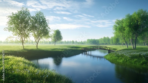 Peaceful Landscape with a Clear Blue Sky, Lush Green Fields, and Serene Nature with Bridge .