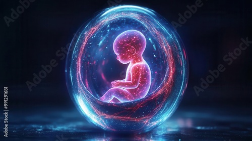 Abstract depiction of a fetus growing inside an egg with bioluminescent veins, symbolizing evolution, fetus, life cycle photo