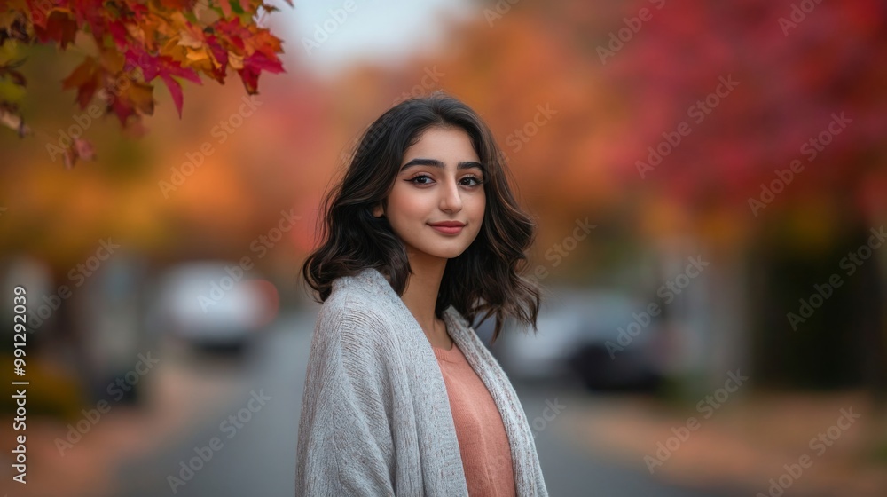 A young woman stands in a serene street, adorned with vibrant autumn foliage. The warm colors of fall create a picturesque backdrop as she smiles gently, embodying the essence of the season. A young woman stands in a serene street, adorned with vibrant autumn foliage. The warm colors of fall create a picturesque backdrop as she smiles gently, embodying the essence of the season.