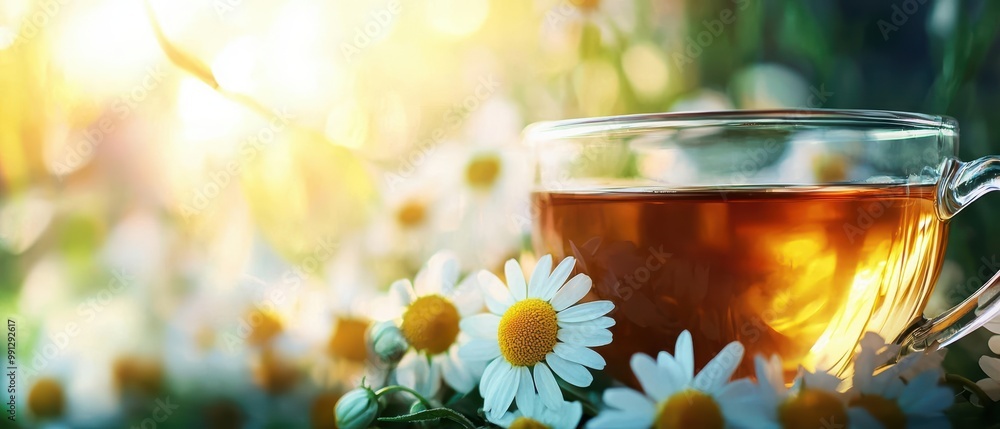 Cup of tea surrounded by fresh daisies on a sunny day. Cup of tea surrounded by fresh daisies on a sunny day.