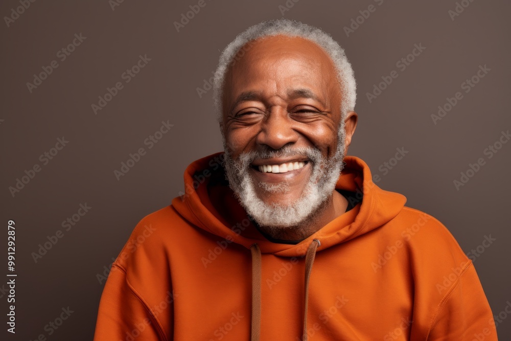 Portrait of a merry afro-american man in his 80s wearing a zip-up fleece hoodie on soft brown background Portrait of a merry afro-american man in his 80s wearing a zip-up fleece hoodie on soft brown background