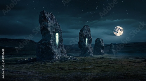 Glowing stone monoliths stand tall in a grassy field under a full moon and starry night sky. photo