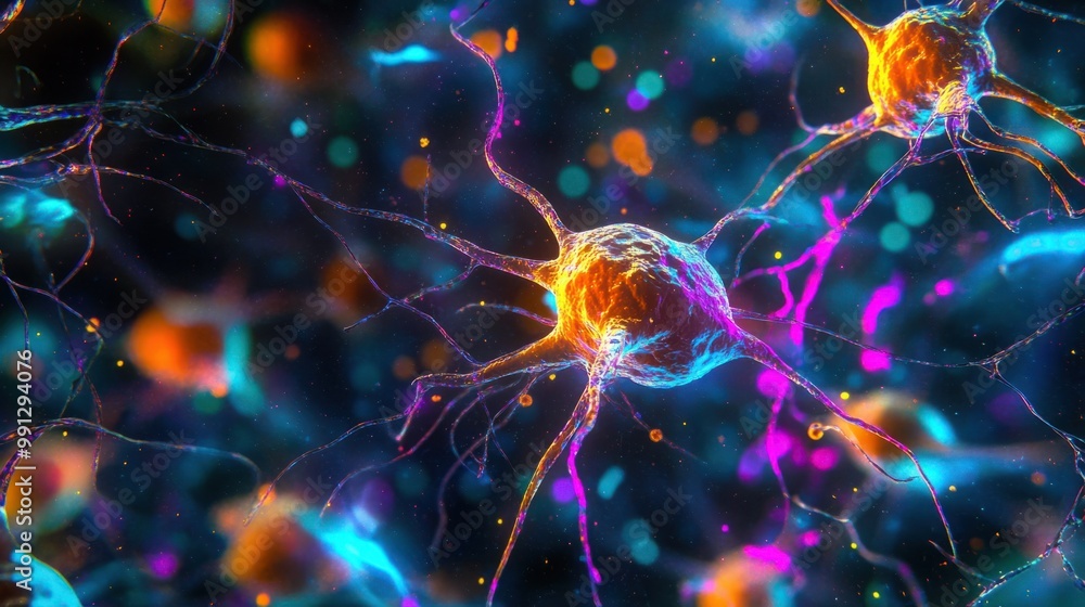 A model of stem cells in the process of developing into neurons, with glowing colors to highlight the complexity of cell growth. A model of stem cells in the process of developing into neurons, with glowing colors to highlight the complexity of cell growth.