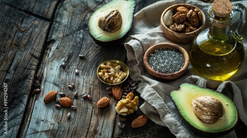 Healthy Fats and Seeds on Rustic Wood