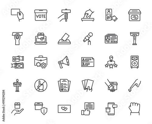 Simple outline icon set of government election voting related things icon, democracy candidate and decision concept on white background, 48x48 pixel perfect editable stroke for website, ux, ui design
