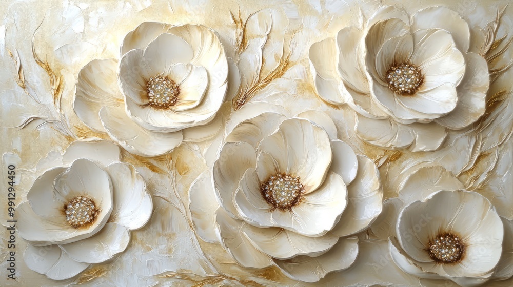 Close up of a 3D floral painting with white flowers and rhinestone centers. Close up of a 3D floral painting with white flowers and rhinestone centers.