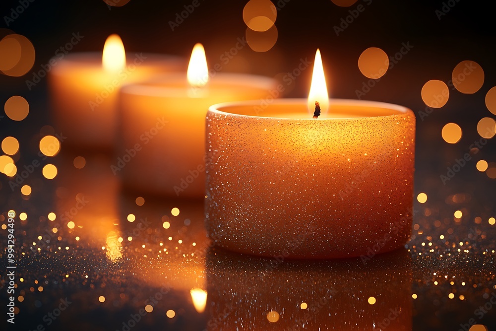 Three Glittery Candles Burning with Bokeh Background Three Glittery Candles Burning with Bokeh Background
