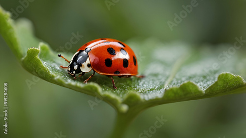 Beautiful ladybug on leaf defocused background