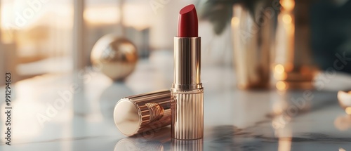 A luxurious red lipstick on a marble surface, elegantly showcased with a warm, stylish background reflecting beauty and glamour. photo