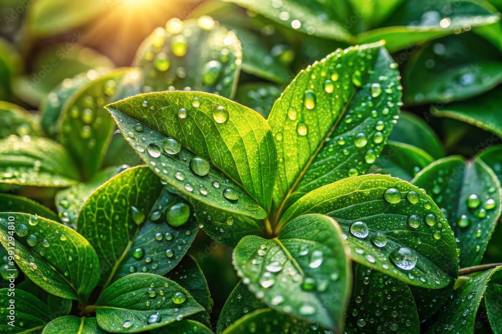 Close-up of green leaves with dew drops Close-up of green leaves with dew drops
