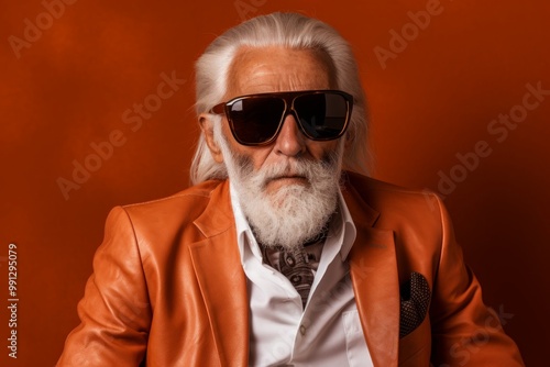 Portrait of a tender elderly 100 years old man wearing a trendy sunglasses isolated in soft brown background photo