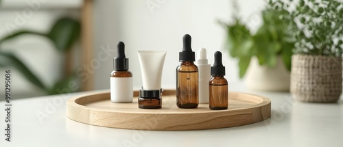 Wallpaper Mural A stylish presentation of skincare products on a wooden tray, creating a serene aesthetic for beauty enthusiasts. Torontodigital.ca