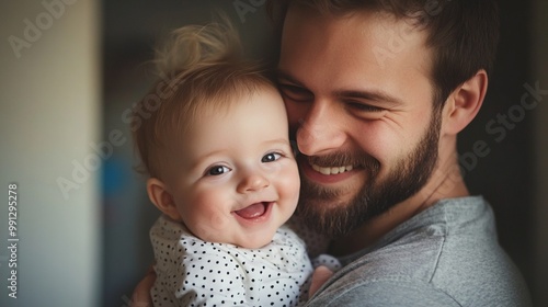 Heartwarming moment captured as bearded man tenderly holds smiling baby, showcasing the pure joy and connection of parenthood in a candid, intimate portrait.