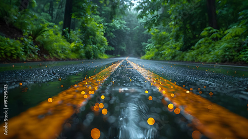 Rainy Road Through a Lush Forest Photo