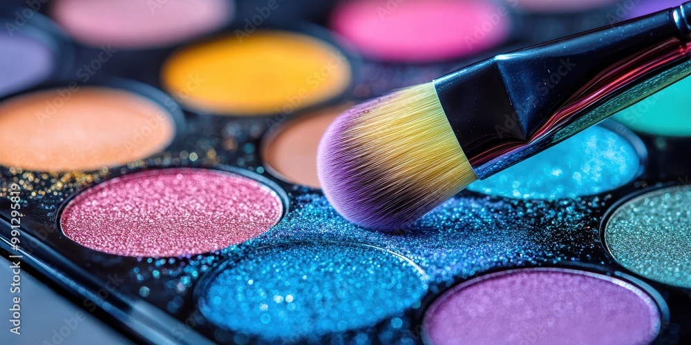 Naklejka premium Close-up of a colorful eyeshadow palette with a makeup brush, showcasing vibrant shades and textures for beauty enthusiasts.