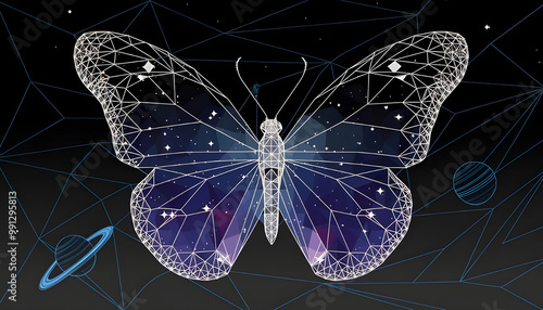 Butterfly composed of polygon. Low poly vector illustration of a starry sky or Comos. The digital flyer consists of lines, dots and shapes. Wireframe technology light connection structure.  photo