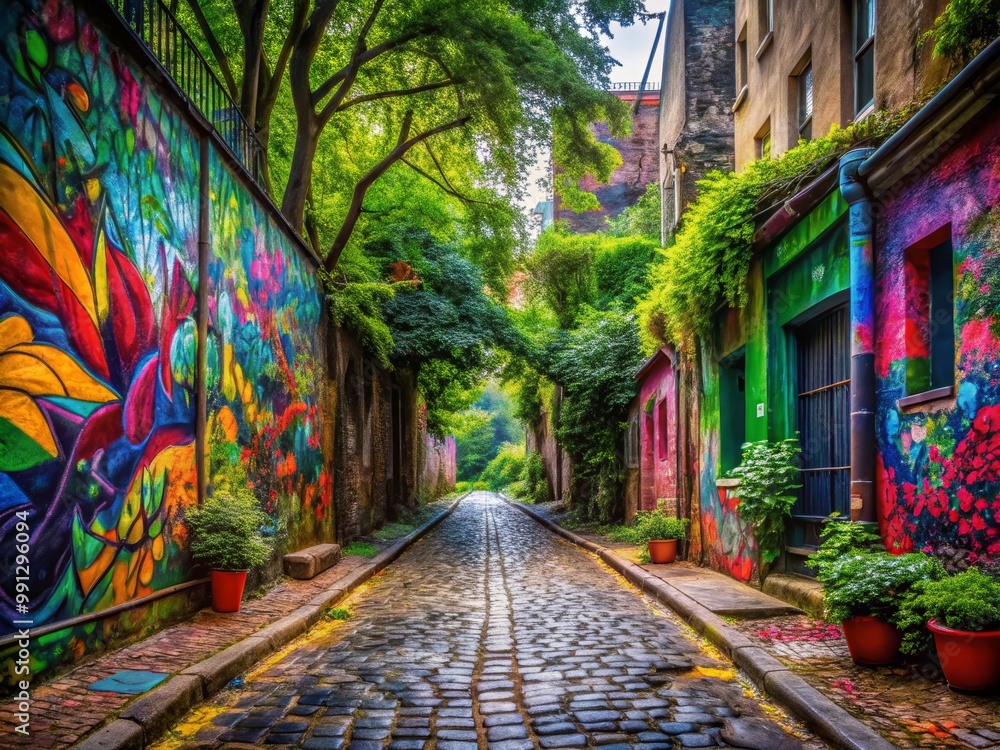 Fototapeta premium Colorful street art in a vibrant alley.