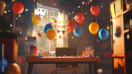 background with a content creator�s birthday celebration, featuring a decorated desk, balloons, and a celebratory atmosphere photo