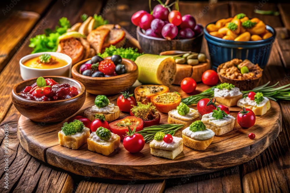 Delicious assorted appetizers on a wooden platter Delicious assorted appetizers on a wooden platter